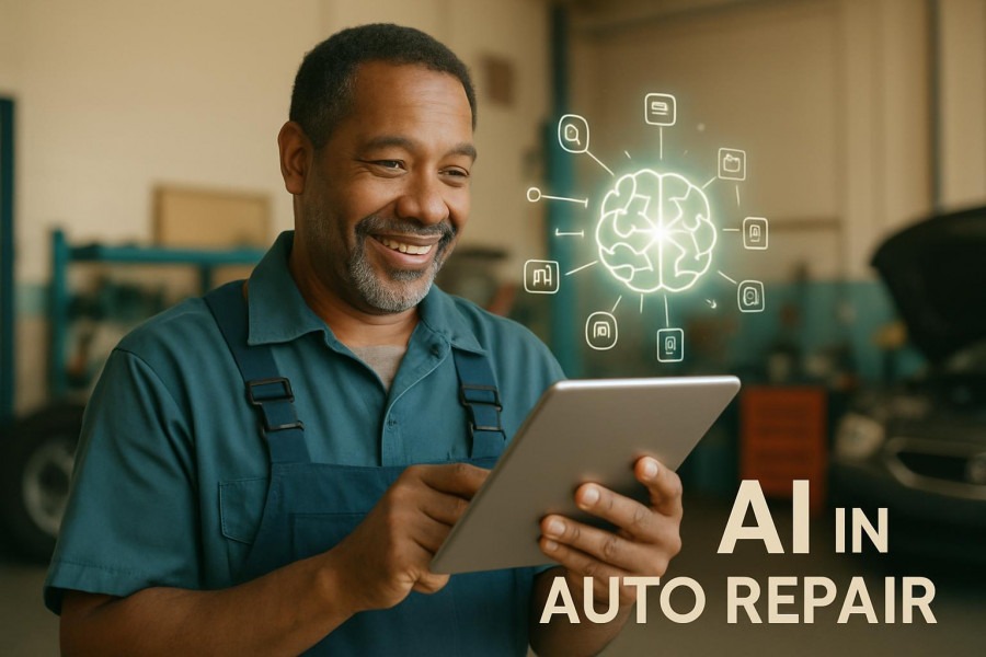 Diverse auto repair shop owner engaging with AI recommendations on a tablet, enhancing customer experience.