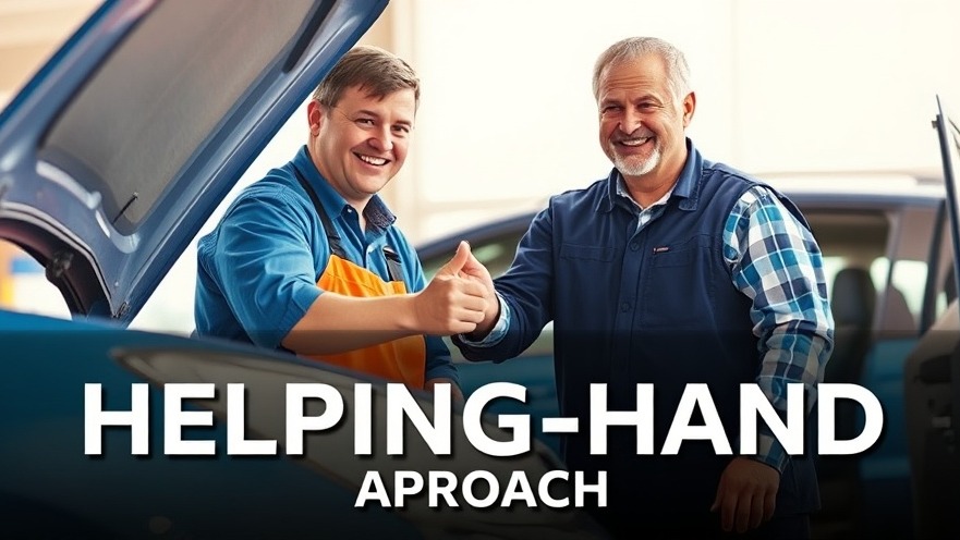 Friendly auto mechanic enhances customer education and loyalty by helping a happy customer.