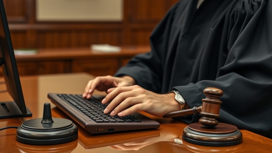 Focused judge researching online reputation management in a courtroom setting.
