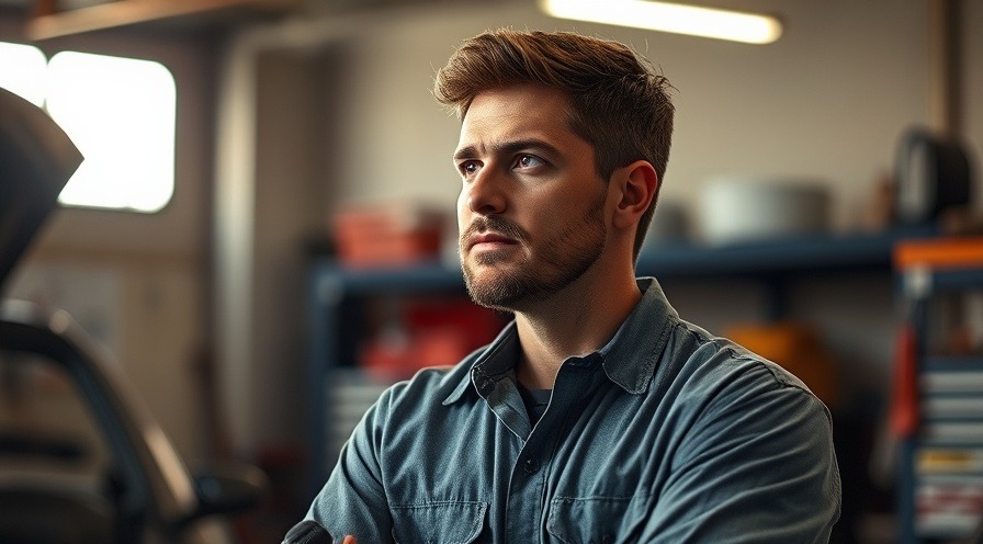 Mechanic reflecting on automotive industry challenges in a well-lit garage.