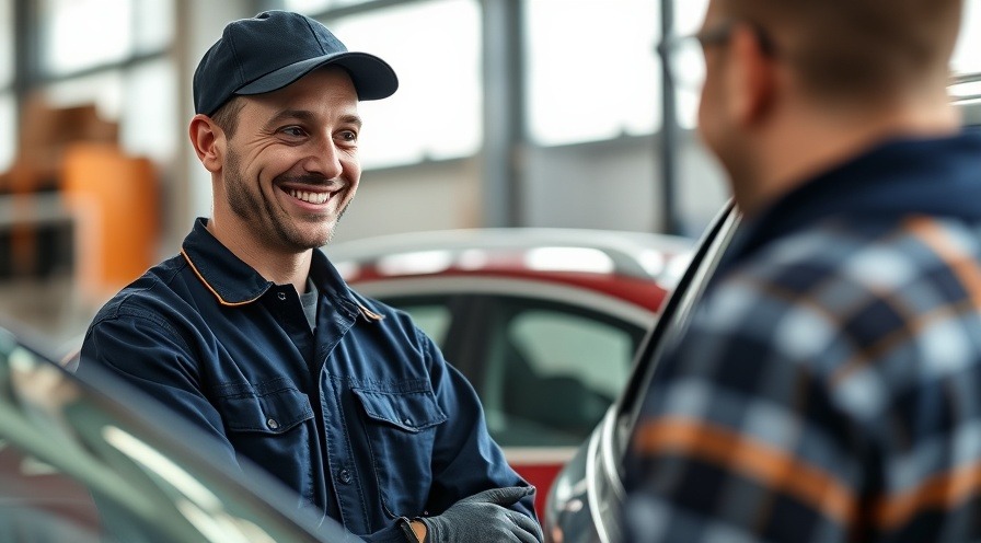 Friendly auto technician engages a customer, showcasing effective communication in auto repair.