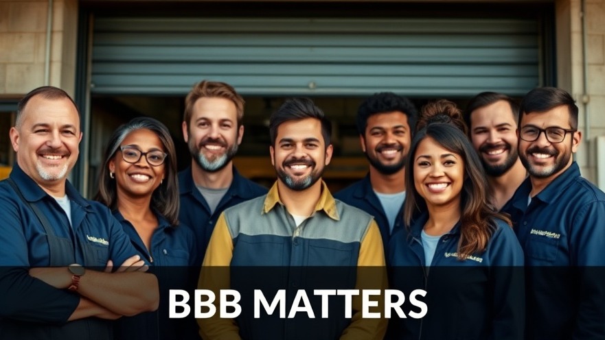 Diverse auto repair team with a BBB badge, showcasing trust signals in automotive services.