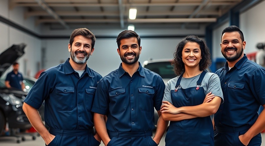 Diverse auto mechanic team in a modern garage, showcasing economic foundations USA.