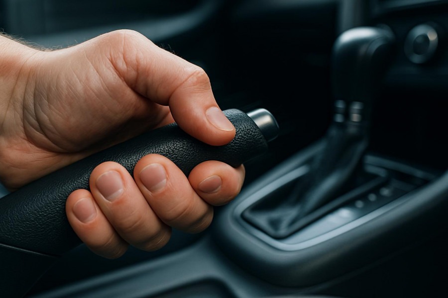 Close-up of a hand on a car handbrake, highlighting car reliability and tactile controls.