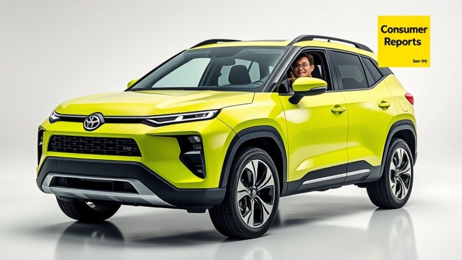 Confident driver points at bright lime SUV in futuristic setting, highlighting Consumer Reports reliability survey.