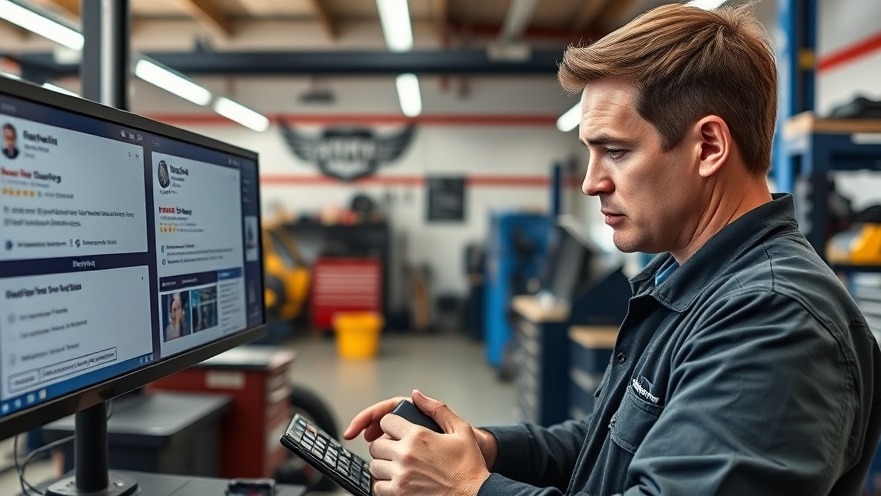 Experienced mechanic analyzing customer reviews for managing negative reviews in a modern auto repair shop.