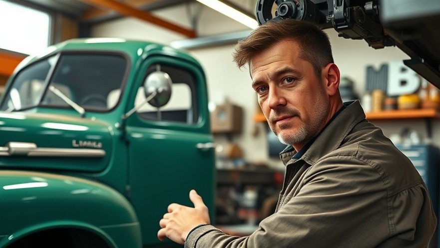 Experienced mechanic performs brake maintenance on a vintage green truck in a well-equipped garage.