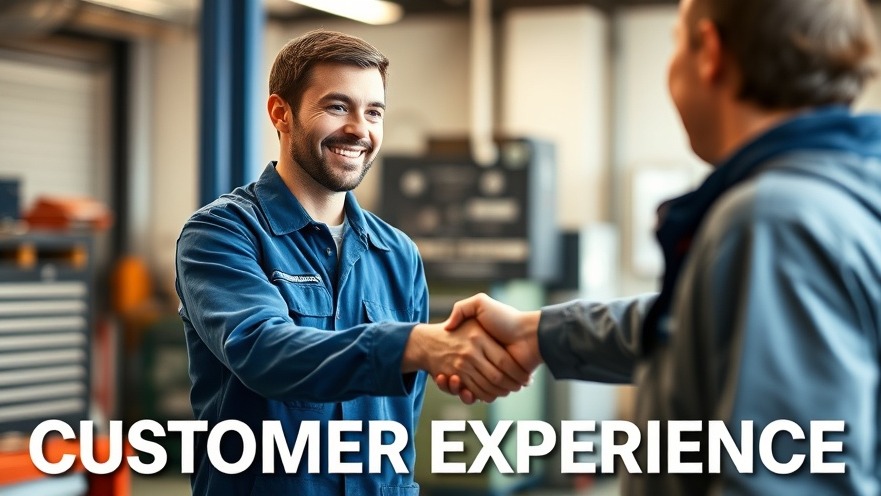 Smiling auto repair technician and satisfied customer shake hands in a workshop, highlighting customer service in automotive.