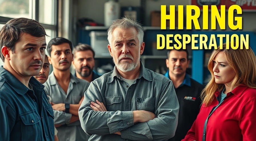 Stressed auto repair shop manager amidst bewildered staff, highlighting hiring mistakes.