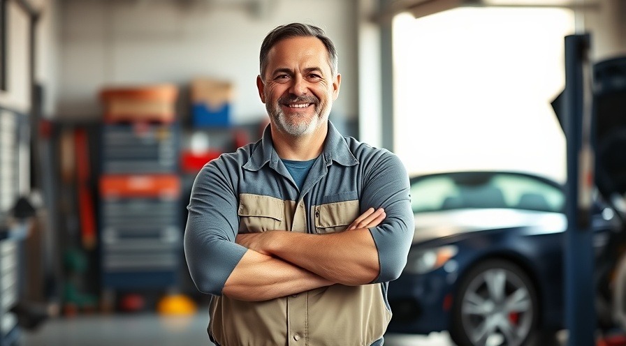 Confident auto shop owner Rick White smiling in bright garage, showcasing effective shop management.