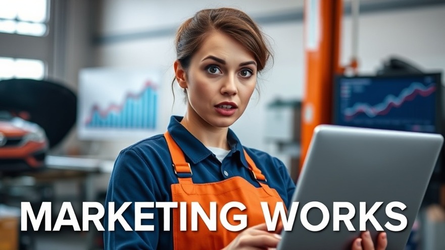 Confident auto shop owner surprised by digital chart dip, reflecting marketing lifecycle.