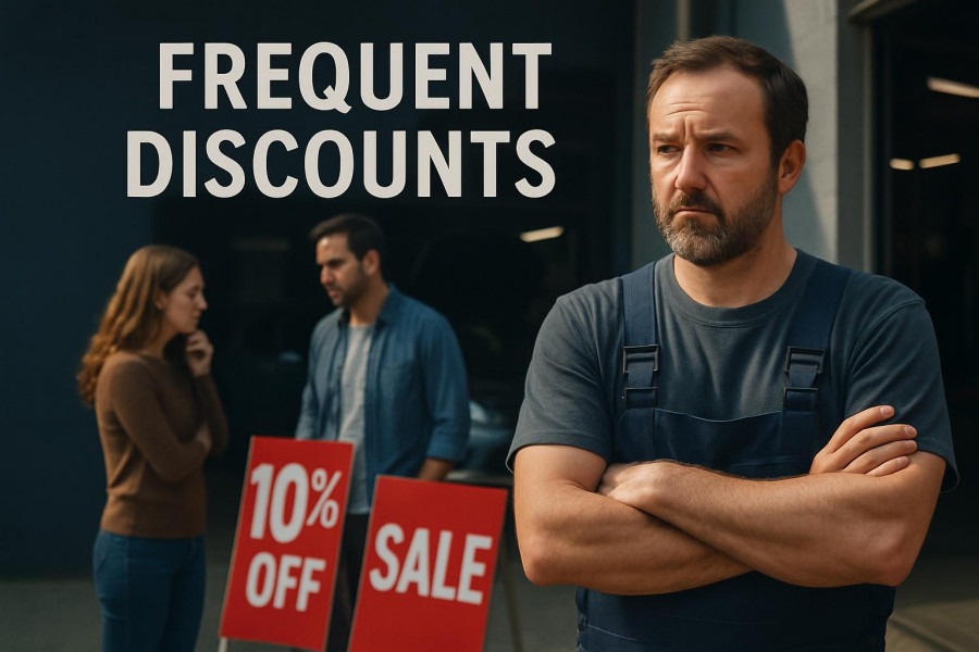 Concerned auto shop owner evaluating the impact of discounts on customer expectations.