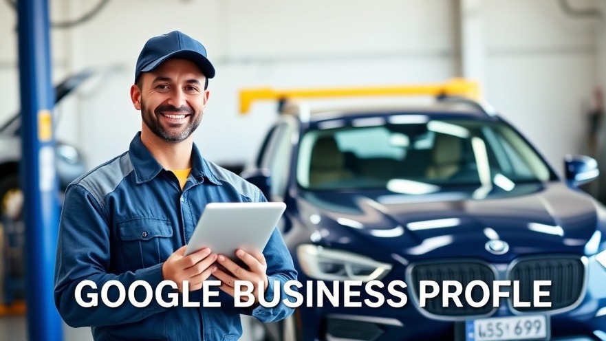 Smiling auto repair shop owner in uniform, optimizing Google Business Profile for local SEO.