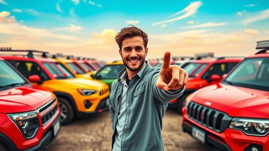 Colorful lineup of small SUVs with a young man pointing, ideal for SUV buying tips.