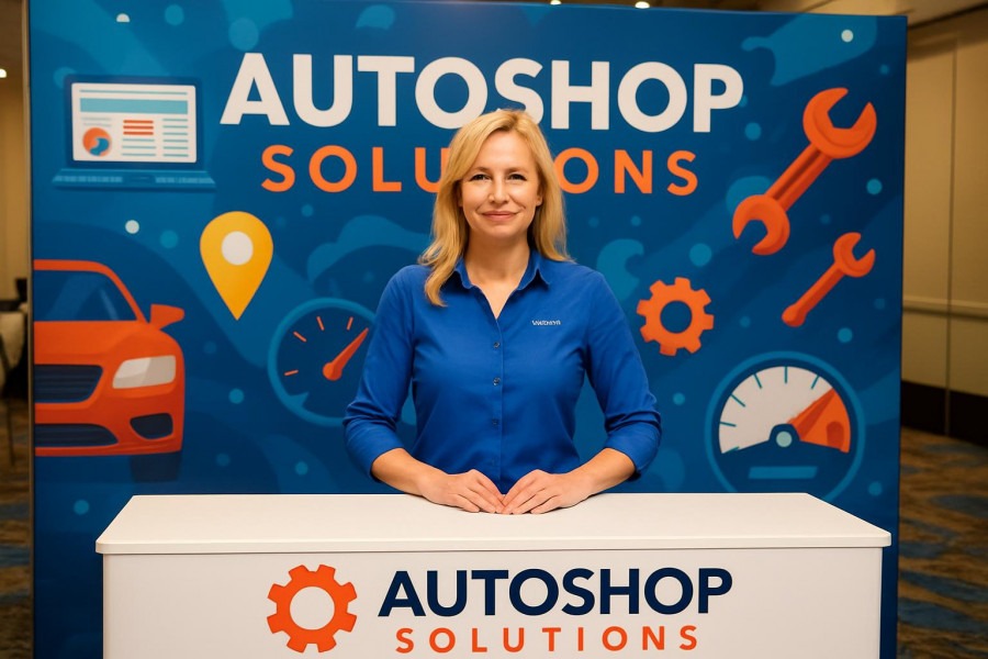 Margaret Palango at Autoshop Solutions booth promoting auto repair culture.