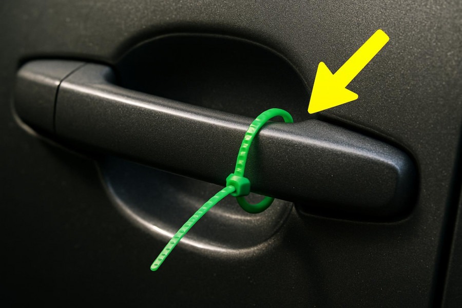 Close-up of a car door handle with a zip tie, highlighting vehicle security threats.