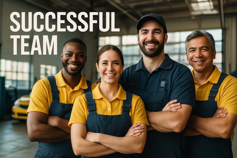 Diverse team of auto mechanics showcasing teamwork and positive shop dynamics.