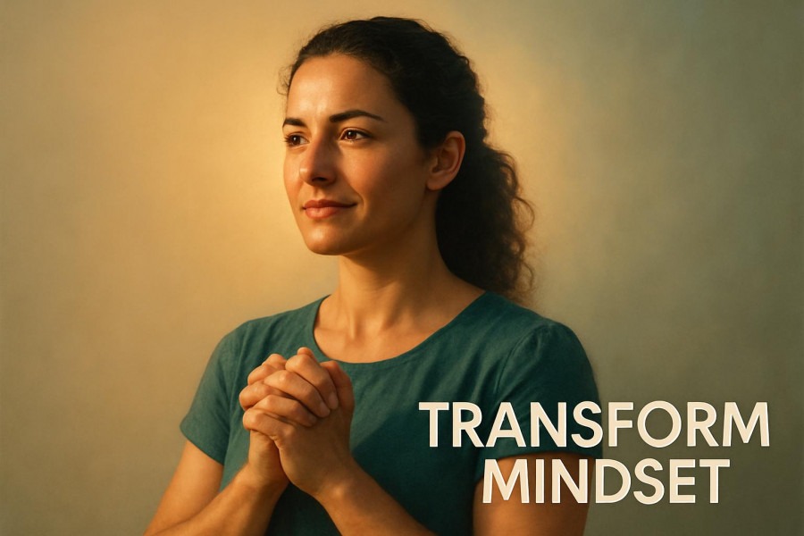 Confident woman embodying mindset change for business growth at golden hour.