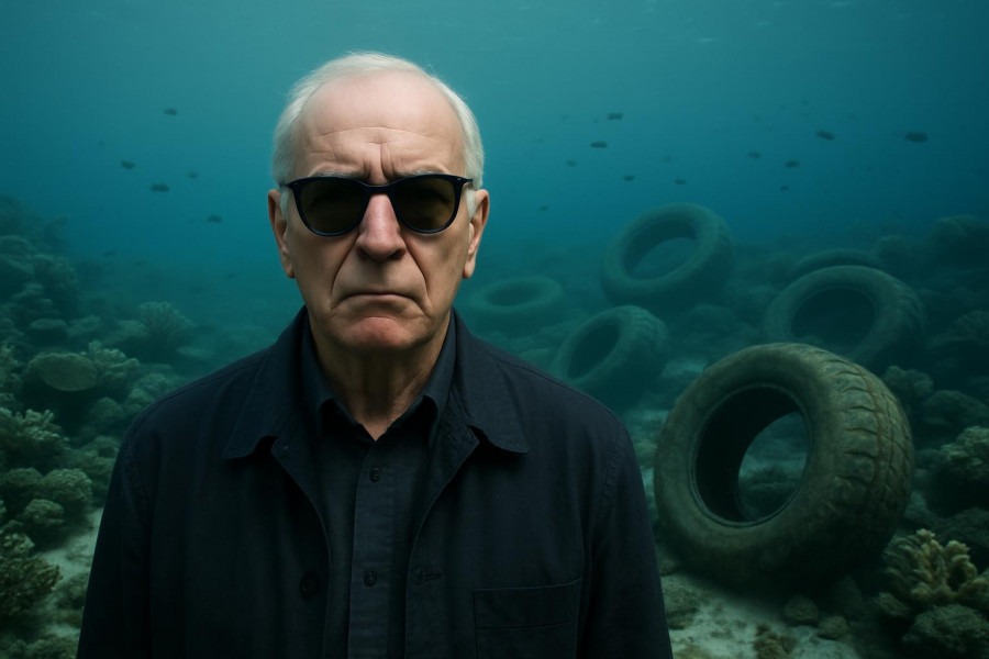 Serious man before underwater ecological disaster of old tires, highlighting environmental responsibility.