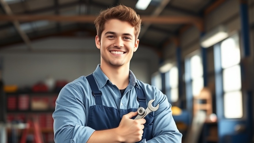 Confident mechanic smiling with a wrench, showcasing customer loyalty strategies.