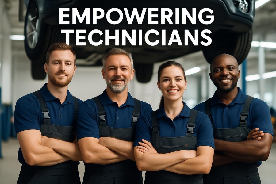 Empowering technicians in a bright workshop, showcasing trust in technicians and teamwork.
