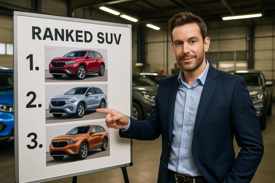 Confident presenter highlights used SUV reliability rankings in vibrant garage.