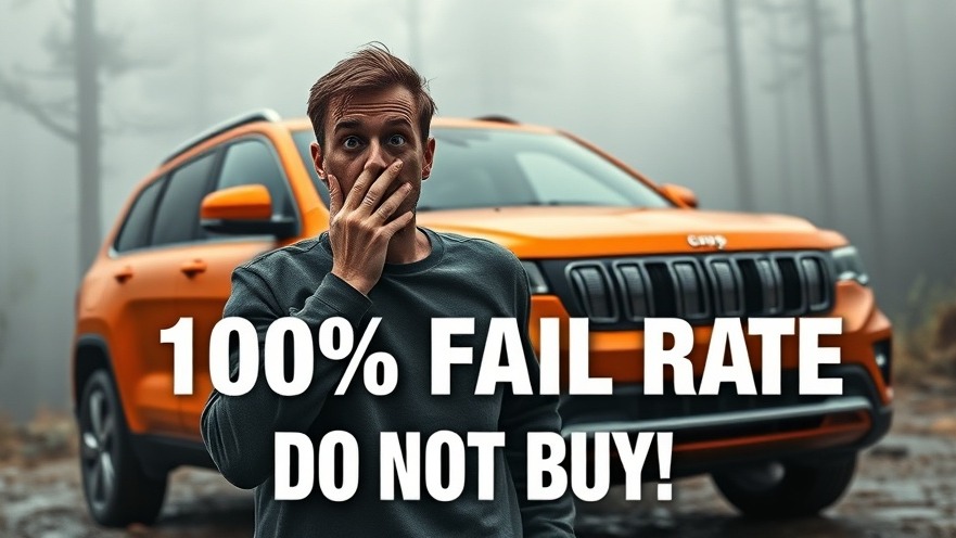 Shocked man beside unreliable used cars, bold text '100% FAIL RATE DO NOT BUY!'