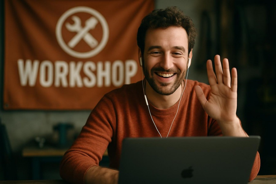 Cheerful man on video call, showcasing auto repair strategies for customer loyalty.