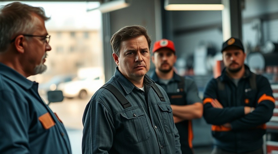 Concerned auto shop owner with mechanic team, highlighting hiring tips for shop efficiency.