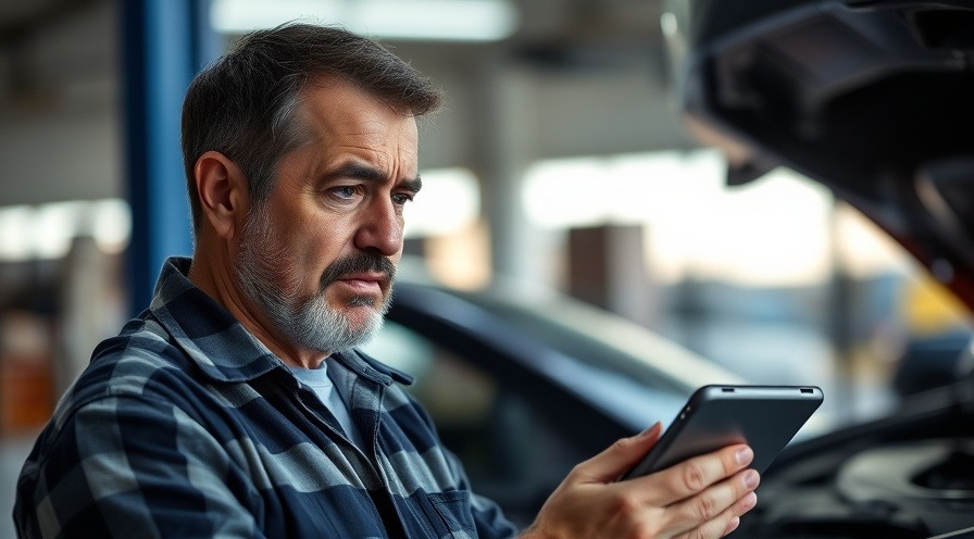 Concerned auto repair shop owner reviews online reputation management on a tablet.