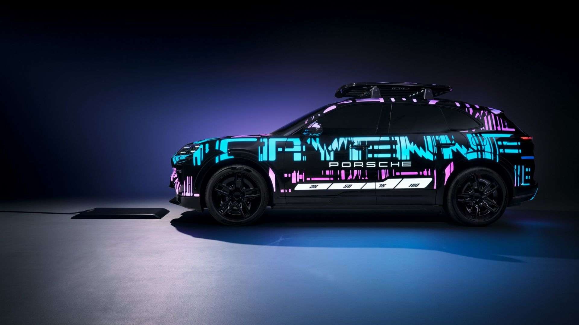 Photorealistic Porsche electric vehicle showcasing inductive charging innovation, vibrant LED patterns.