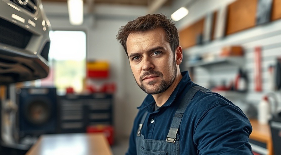 Confident auto repair shop owner showcasing service excellence in a well-organized shop.
