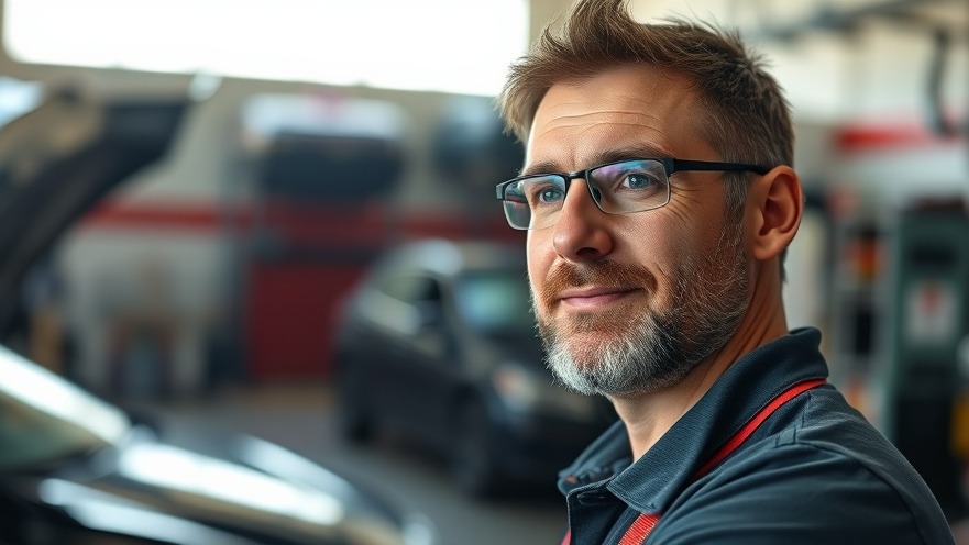 Confident auto shop owner embodies community engagement and local SEO success.