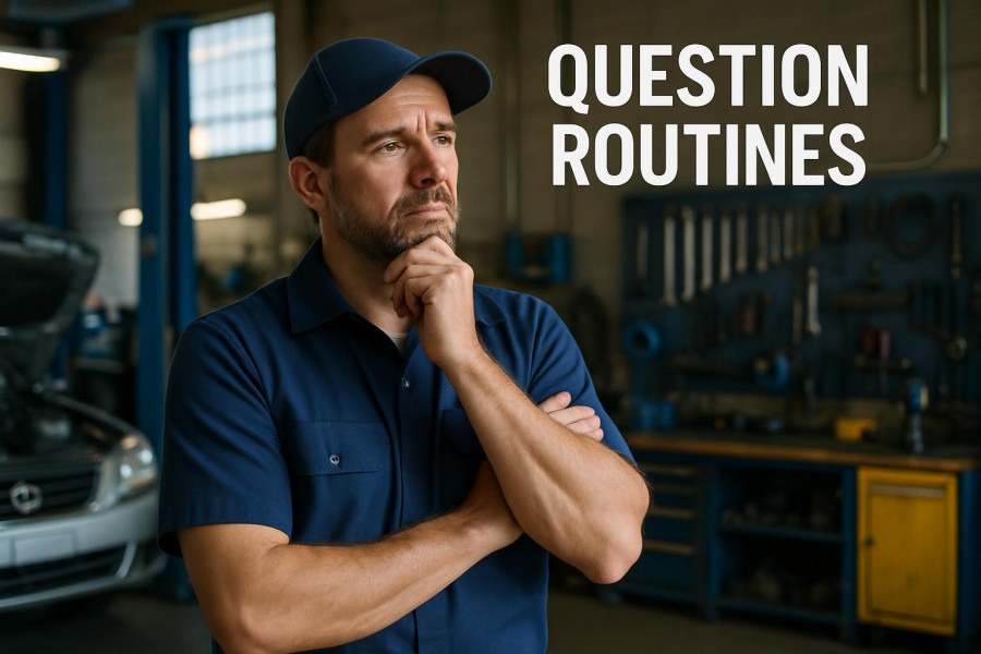 Thoughtful auto repair shop owner pondering business growth strategies in a tidy workshop.