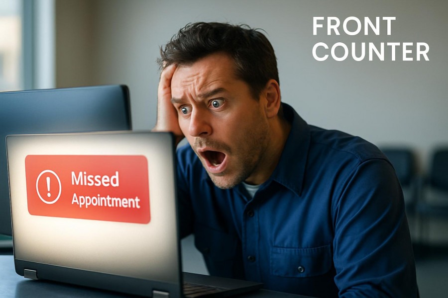Stressed auto repair shop manager reacts to missed appointment alert at the front counter.