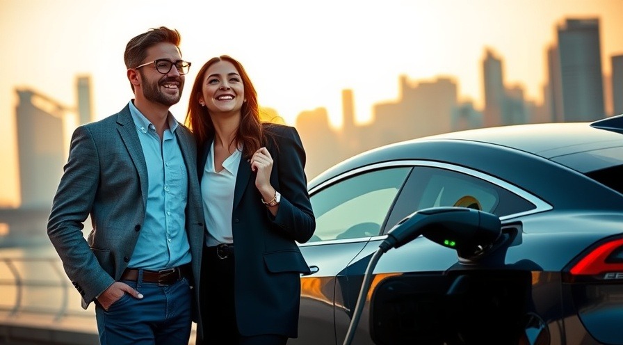 Young couple beside electric car, symbolizing the future of electric vehicles and hybrid vehicles market share.