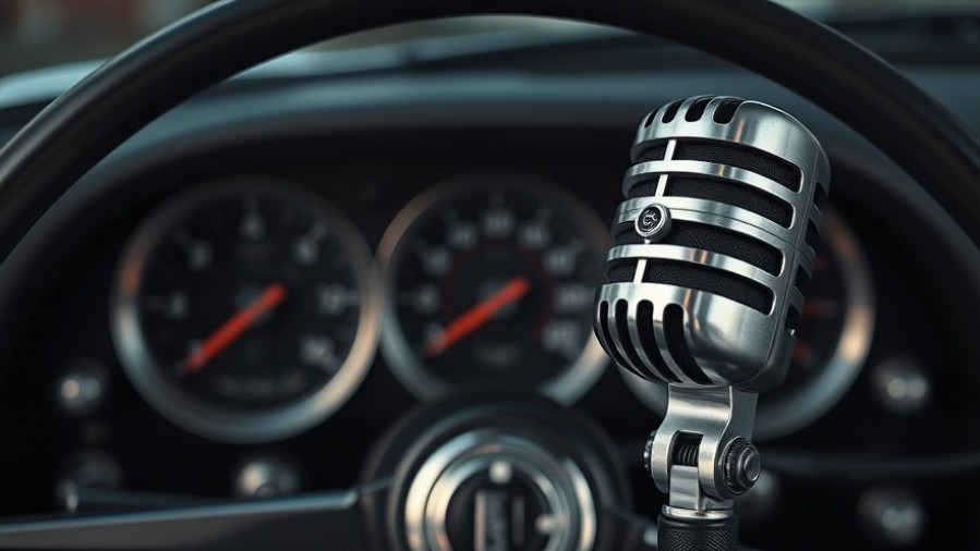 Retro microphone on vintage car dashboard promoting sustainable automotive practices.