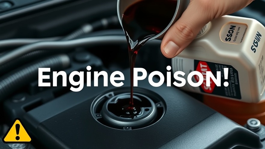 Close-up of hand pouring harmful oil additives in car engine; 'Engine Poison' warning visible.