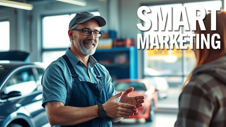 Dynamic shop owner greeting a happy customer in a bright auto repair shop. Auto repair marketing.