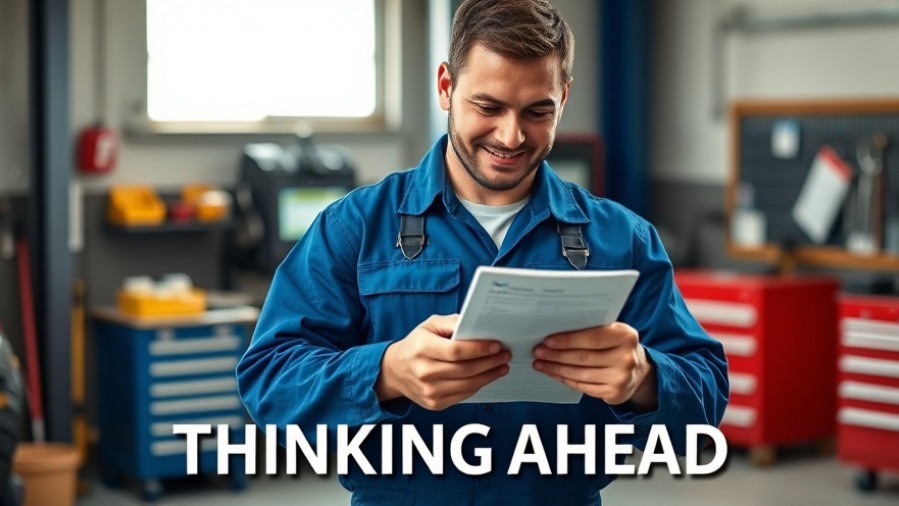 Confident mechanic reviewing business strategy for repair shops in a well-lit garage.