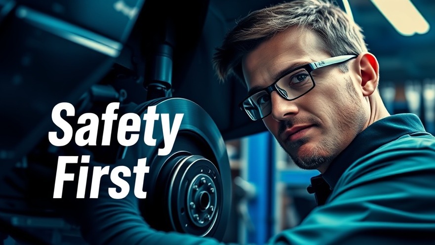 Mechanic inspecting car brakes under workshop lights with tools, 'Safety First' displayed.