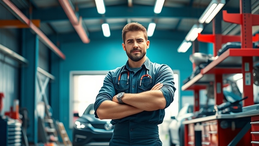 Confident mechanic in modern workshop illustrating customer experience and auto repair success.