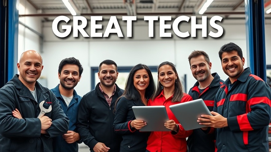 Diverse auto repair shop technicians smiling confidently, showcasing expert skills and teamwork.