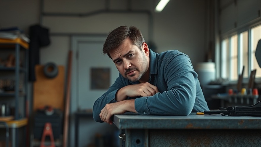 Thoughtful mechanic in a garage, embodying auto repair challenges and customer service improvement.