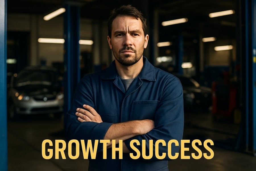 Confident auto shop owner in uniform, showcasing auto repair shop growth in a busy garage.