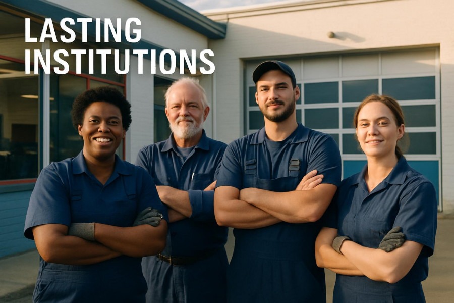 Diverse mechanics embodying self-governance and community engagement at a proud auto shop.