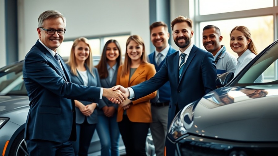 Confident professional using automotive recruitment software, shaking hands with diverse team.