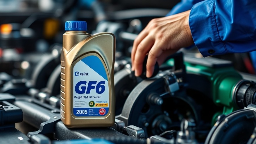 Mechanic performing engine maintenance with GF6 oil, tools, and vibrant colors.