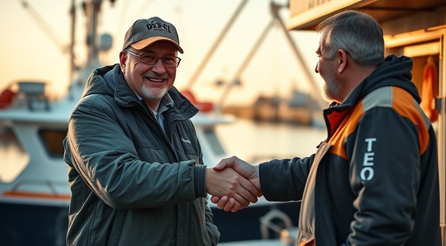 Confident fisherman and shop owner shaking hands at local events, showcasing community connection.
