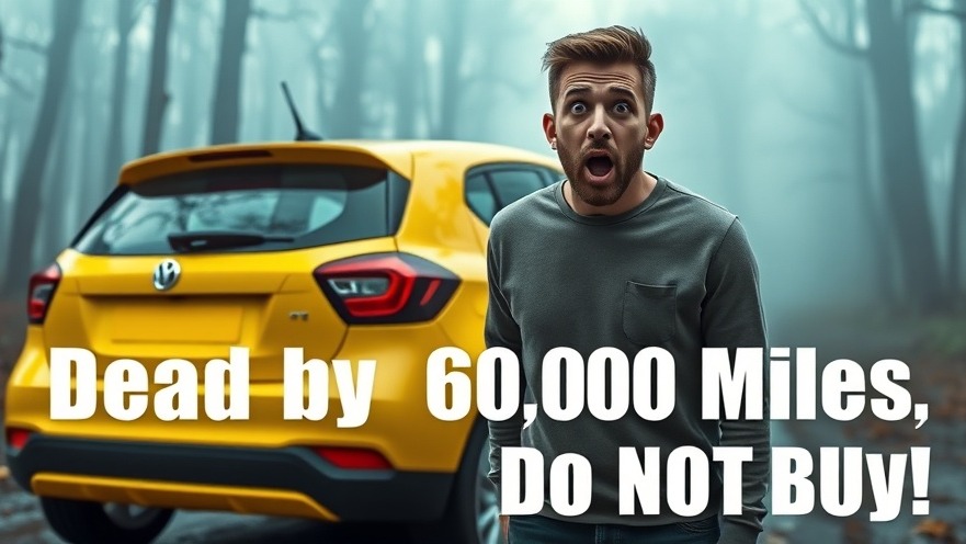 Shocked man beside a bright yellow hatchback warns of problematic cars' reliability.